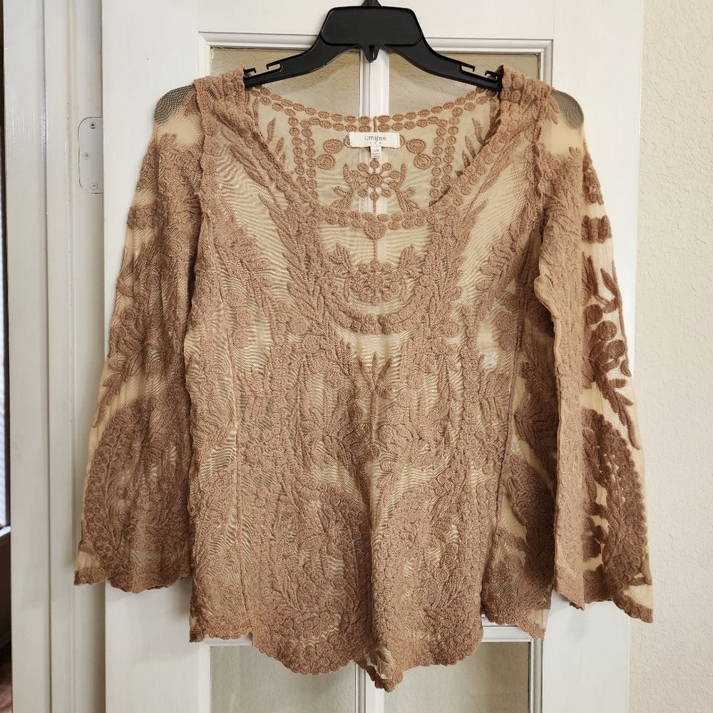 Umgee Boho Embroidered Mesh Lace Bell Sleeve Top Sheer S/M